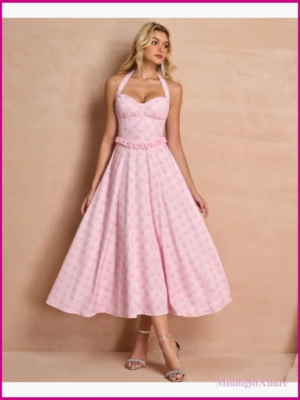 Floral Halter Corset Wrap Midi Dress A-Line Sweetheart Neckline Summer Tea Party